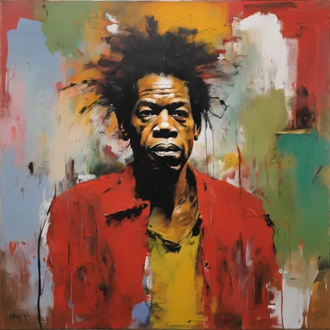 painting of a man with a messy hair and a red shirt, inspired by Syd Barrett, Jimi Hendrix, par Alton Tobey, neo expressionism art, seulement 3 / 4 portait, Jean Michel Basquiat, Jean: Michel Basquiat, Jimi Hendrix corps entier, inspired by Jean-Michel Bas...