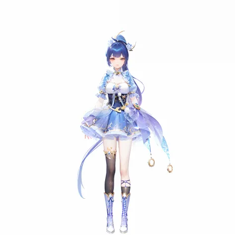 anime girl in blue dress with a sword and a clock, lunar themed attire, full body xianxia, astral witch clothes, live2d virtual youtuber model, beautiful celestial mage, anime styled 3d, astral fairy, ayaka genshin impact, render of a cute 3d anime girl, k...