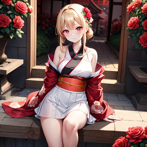 a blond、beautiful red eyes、Beautiful girl alone、Floral kimono、off shoulders、a miniskirt、red blush、Bright red rose garden、