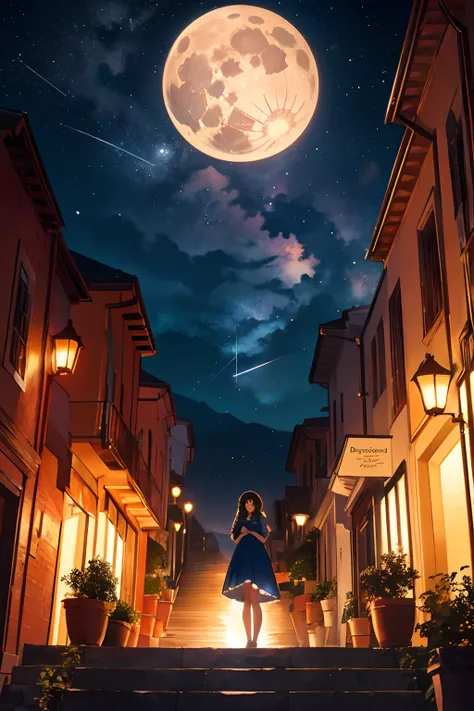 Makoto Shinkai style, Award winning cinematic, Expansive landscape photograph of Corfu old town, (view from below with a view of the sky and wilderness below), 16yo girl standing in a flower field looking up, her beautiful and cute face, she wears simple b...