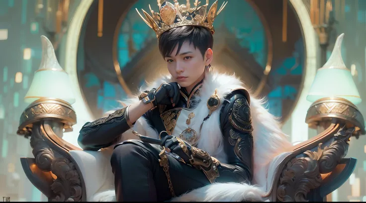 1boy, photo of handsome smiling young 25-year-old male Chinese prince sitting on his throne, clothed in futuristic cybernetic armor, wearing large futuristic crown, sci-fi, intricate, very very handsome, suave, neon light, ((perfect face)), ((perfect hands...