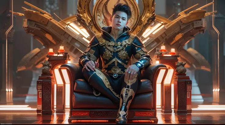 1boy, photo of handsome smiling young 25-year-old male Chinese prince sitting on his throne, clothed in futuristic cybernetic armor, wearing large futuristic crown, sci-fi, intricate, very very handsome, suave, neon light, ((perfect face)), ((perfect hands...