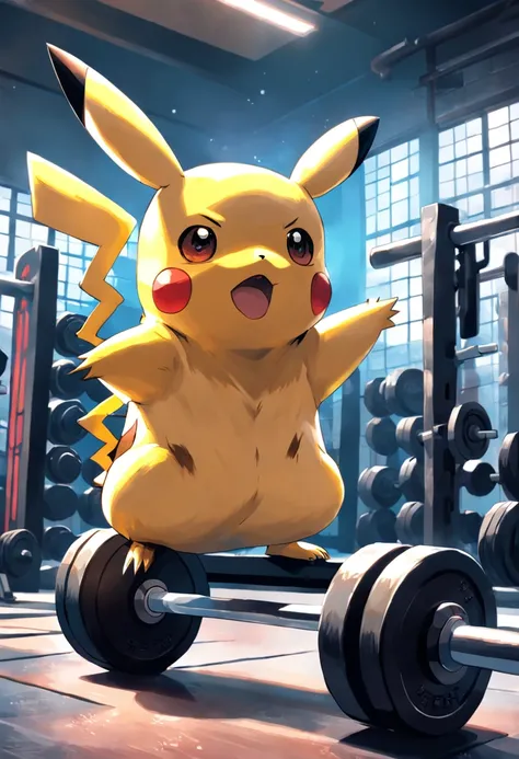 Pikachu doing intensive weight training at the gym.