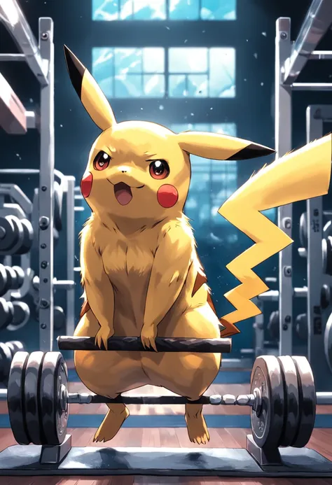 Pikachu doing intensive weight training at the gym.