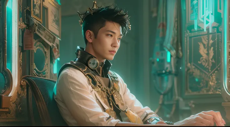 1boy, photo of handsome smiling young 25-year-old male Chinese prince sitting on his throne, clothed in futuristic cybernetic armor, wearing large futuristic crown, sci-fi, intricate, very very handsome, suave, neon light, ((perfect face)), ((perfect hands...