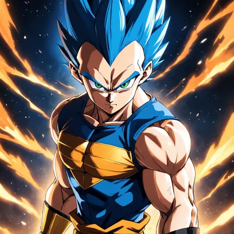 uma arte perfeita de Vegeta ultra ego, cabelos e olhos roxos, envolto em energias e raios roxos, expression serious, well-defined muscles, Sombra realista, incredible details, olhos perfeitos, perfect hands, corpo inteiro, roupa azul, Dark sky in the backg...