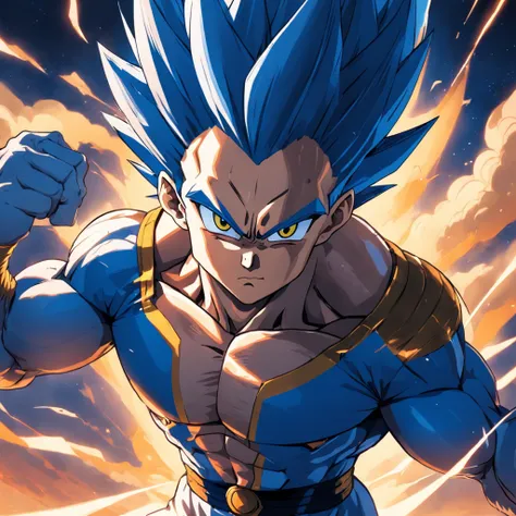 uma arte perfeita de Vegeta ultra ego, cabelos e olhos roxos, envolto em energias e raios roxos, expression serious, well-defined muscles, Sombra realista, incredible details, olhos perfeitos, perfect hands, corpo inteiro, roupa azul, Dark sky in the backg...