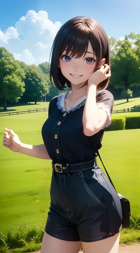 1人の女性、3d anime、Best Shots、Gameras Perspective、kawaii、18year old、Bob Hair、Country life、Summer sky、Rural atmosphere、Random Poses、Random attire、a smile、White teeth