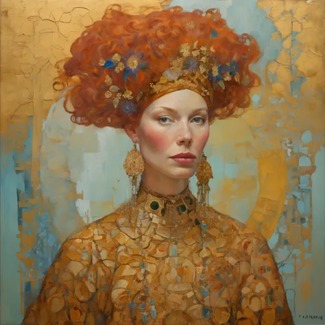 Close-up of a red-haired woman with dark eyes and a golden background, reine nordique, Inspired by James Christensen, art nouveau , inspired by James C. Christensen, style Gustav Klimt, une belle  fantastique, Ancient goddess , inspired by Tosa Mitsunobu, ...