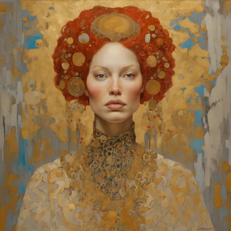 Close-up of a red-haired woman with dark eyes and a golden background, reine nordique, Inspired by James Christensen, art nouveau , inspired by James C. Christensen, style Gustav Klimt, une belle  fantastique, Ancient goddess , inspired by Tosa Mitsunobu, ...