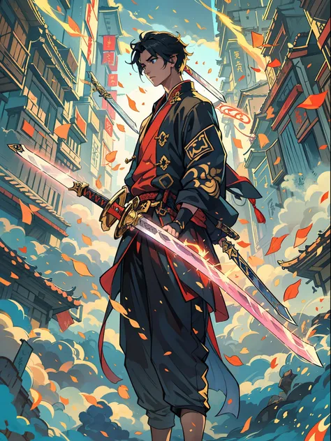 A beauty, Floating in the air, He was surrounded by twenty golden swords，The background is the sky above the city.Unlimited sword system, Tyndall effect, Glow effects, in the style of anime art, Romantic graffiti, Meticulous, Realistic pop music, neo-fauvi...