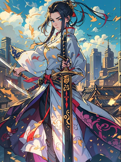 A beauty, Floating in the air, He was surrounded by twenty golden swords，The background is the sky above the city.Unlimited sword system, Tyndall effect, Glow effects, in the style of anime art, Romantic graffiti, Meticulous, Realistic pop music, neo-fauvi...