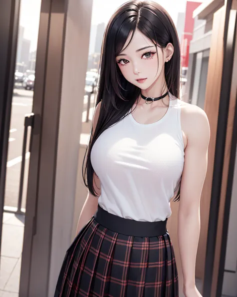 (1female body builder:1.37), masterpiece, best quality, illustration, ultra-detailed, finely detail, highres, 8k wallpaper, perfect dynamic composition, beautiful detailed eyes, natural lip, (((wearing a black Punk-T-shirt:1.37, plaid pattern box-pleats-lo...