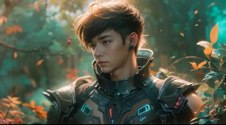 1boy, photo of very very handsome suave smiling young 25-year-old male Chinese prince, clothed in futuristic cybernetic armor, wearing a large futuristic crown, walking in an ethereal enchanted forest with neon glowing flowers and a rainbow in the sky, sci...