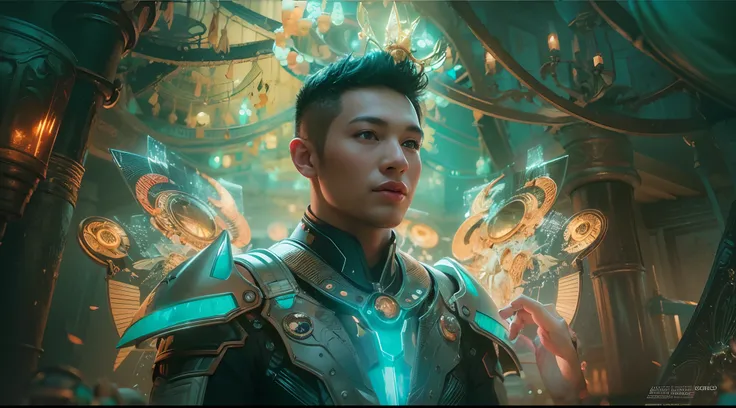 1boy, photo of very very handsome suave smiling young 25-year-old male Chinese prince, clothed in futuristic cybernetic armor, wearing a large futuristic crown, walking in an ethereal enchanted forest with neon glowing flowers and a rainbow in the sky, sci...