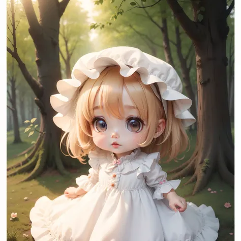 Cute Baby Chibi Anime,White dress with floral pattern with ruffles,the woods,Western-style confectionery