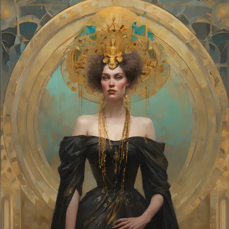 a painting of a woman with a golden headdress and a black dress, Mucha Klimt et Tom Bagshaw, Bel art UHD 4 K, 4k highly detailed digital art, exquisite digital illustration, WLOP complexe, art nouveau! Cyberpunk! style, 4k detailed digital art, Mucha style...