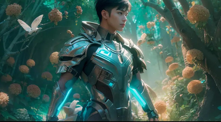 1boy, photo of very very handsome suave smiling young 25-year-old male Chinese prince, clothed in futuristic cybernetic armor, wearing a large futuristic crown, walking in an ethereal enchanted forest with neon glowing flowers and a rainbow in the sky, sci...