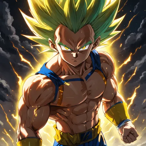 uma arte perfeita de Vegeta como Super Sayajin, cabelos amarelos e olhos verdes, envolto em energias e raios amarelos, sarcastic expression, well-defined muscles, Sombras realista, incredible details, olhos perfeitos, perfect hands, corpo inteiro, roupa az...