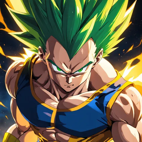 uma arte perfeita de Vegeta como Super Sayajin, cabelos amarelos e olhos verdes, envolto em energias e raios amarelos, sarcastic expression, well-defined muscles, Sombras realista, incredible details, olhos perfeitos, perfect hands, corpo inteiro, roupa az...