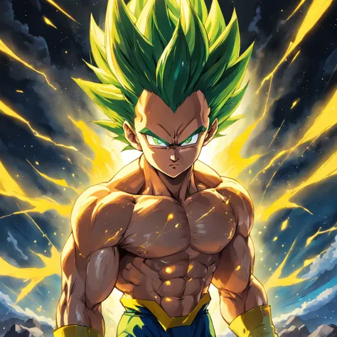 uma arte perfeita de Vegeta como Super Sayajin, cabelos amarelos e olhos verdes, envolto em energias e raios amarelos, sarcastic expression, well-defined muscles, Sombras realista, incredible details, olhos perfeitos, perfect hands, corpo inteiro, roupa az...