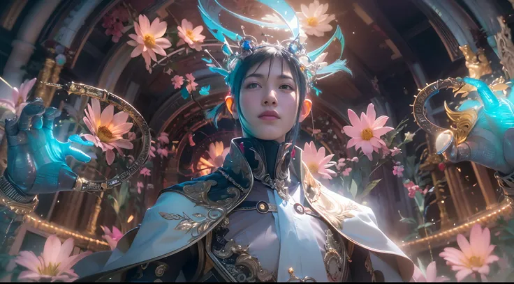 1boy, photo of very very handsome suave smiling young 25-year-old male Chinese prince, clothed in futuristic cybernetic armor, wearing a large futuristic crown, walking in an ethereal enchanted forest with neon glowing flowers and a rainbow in the sky, sci...