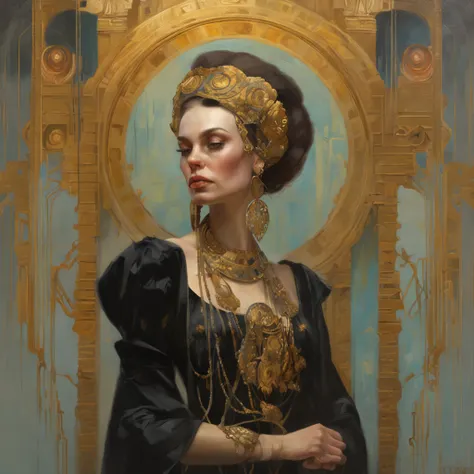 a painting of a woman with a golden headdress and a black dress, Mucha Klimt et Tom Bagshaw, Bel art UHD 4 K, 4k highly detailed digital art, exquisite digital illustration, WLOP complexe, art nouveau! Cyberpunk! style, 4k detailed digital art, Mucha style...