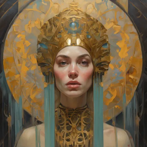 a painting of a woman with a golden headdress and a black dress, Mucha Klimt et Tom Bagshaw, Bel art UHD 4 K, 4k highly detailed digital art, exquisite digital illustration, WLOP complexe, art nouveau! Cyberpunk! style, 4k detailed digital art, Mucha style...