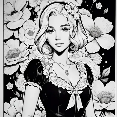 Black and white stick figure 1 girl with flowers,  lots of flowers in background, loli in dress with flowers, its fine ink line art, comic style, portrait of ploynesian girl, Marilyn Munroe, Hollywood glam, beautiful line art, black and white comic style, ...