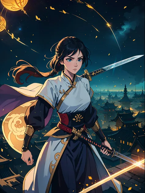 A beauty, Floating in the air, He was surrounded by twenty golden swords，The background is the sky above the city.Unlimited sword system, Tyndall effect, Glow effects, in the style of anime art, Romantic graffiti, Meticulous, Realistic pop music, neo-fauvi...