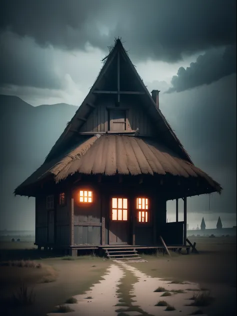 hut in the middle of nowhere gothic atmosphere, Cuberpunk, Rhetoric Visual Nostalgia core, Nostalgia, Submachine Property, neonpunk, Horrorism Cuberpunk