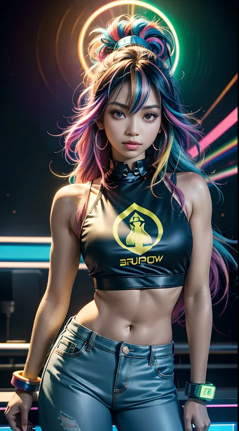 mulher arafed (Asian African American))with long rainbow hair and a neon cyberpunk tank top, retrato, Ela tem um rosto bonito, Imagens da Webcam, clivagem, peituda, sexy look at the camera, Fotografado na webcam, 4 8 0 p, 480p, Seu peito, shes facing the c...