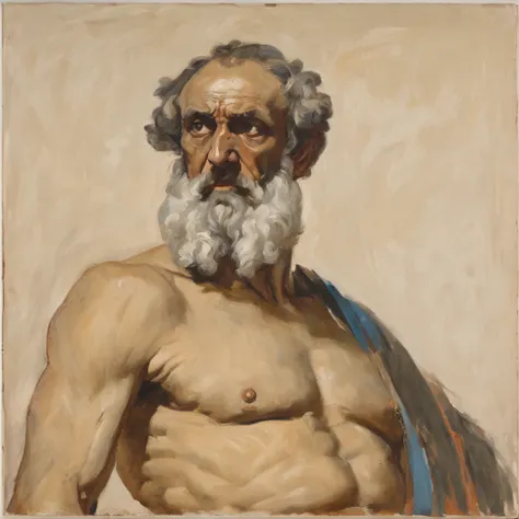 "470 B.C. A middle-aged Greek man, dressed in period clothes, is standing bare-chested. His finger is pointing upwards with an angry expression on his face. He has a full white beard. There is no background in the image. The style of the artwork should res...