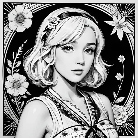 Black and white stick figure 1 girl with flowers,  lots of flowers in background, loli in dress with flowers, its fine ink line art, comic style, portrait of ploynesian girl, Marilyn Munroe, Hollywood glam, beautiful line art, black and white comic style, ...