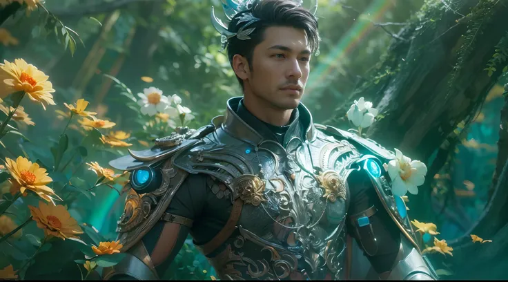 1boy, photo of very very handsome suave smiling young 25-year-old male Chinese prince, clothed in futuristic cybernetic armor, wearing a large futuristic crown, walking in an ethereal enchanted forest with neon glowing flowers and a rainbow in the sky, sci...