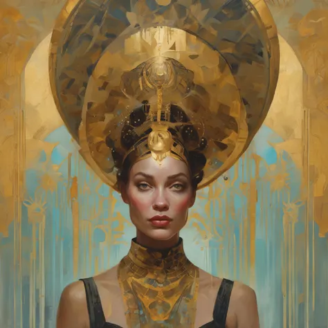 a painting of a woman with a golden headdress and a black dress, Mucha Klimt et Tom Bagshaw, Bel art UHD 4 K, 4k highly detailed digital art, exquisite digital illustration, WLOP complexe, art nouveau! Cyberpunk! style, 4k detailed digital art, Mucha style...