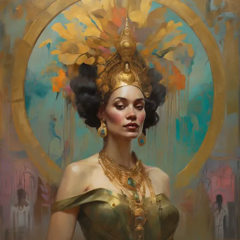 a painting of a woman with a golden headdress and a black dress, Mucha Klimt et Tom Bagshaw, Bel art UHD 4 K, 4k highly detailed digital art, exquisite digital illustration, WLOP complexe, art nouveau! Cyberpunk! style, 4k detailed digital art, Mucha style...