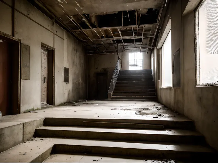 a liminal place, gloomy ambience, abandoned, backrooms, dirty, brutalist architecture, tension, nostalgic, giant, labyrinth, steps, stairs, religious virgin sculpture