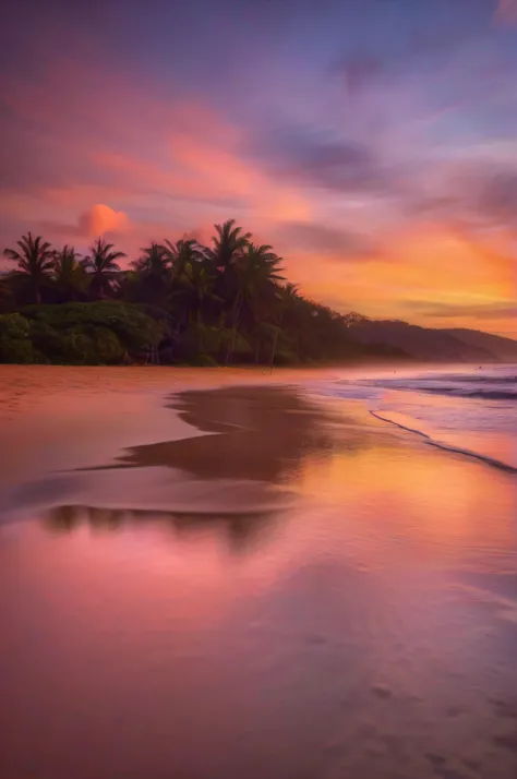 stunning sunset on a tropical beach. The sky is painted in shades of orange, rosa e roxo, as the sun gently sets on the horizon. The calm waves of the sea reflect the colors of the sky, creating a sense of peace and tranquility. Palmeiras se erguem ao long...