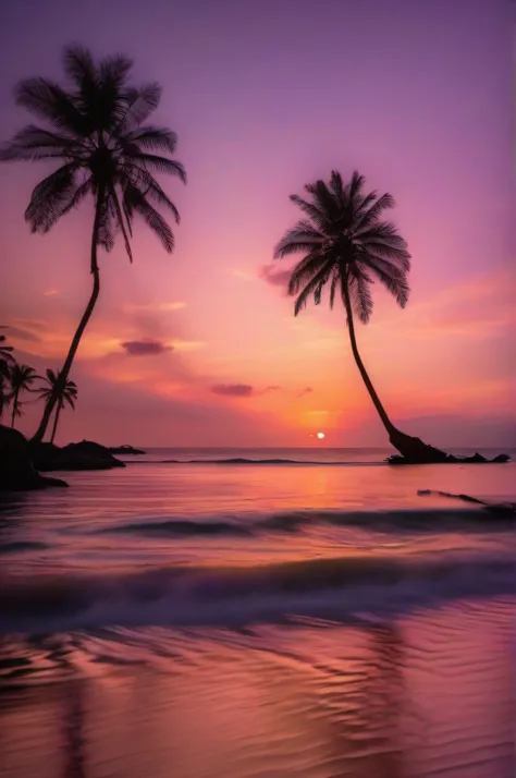 stunning sunset on a tropical beach. The sky is painted in hues of orange, pink and purple as the sun gently sets over the horizon. The calm waves of the sea reflect the colors of the sky, creating a sense of peace and tranquility. Palm trees rise along th...