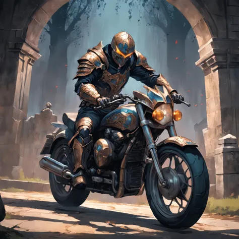 a man riding a motorcycle in a cemetery, armadura de sangue, dentes afiados, Vencedor do concurso Artstation, gothic art, Retrato de Ceifador Sombrio, Shiny armor made of steel, Escuro. Sem texto, imagem detalhada, sepultura, grim gwent card, covets death,...