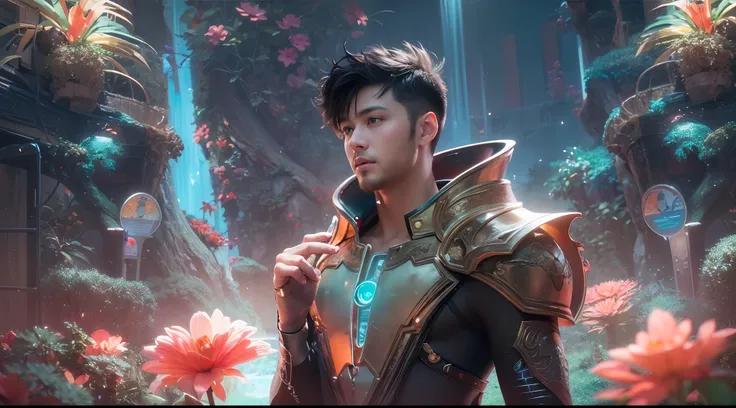 1boy, photo of very very handsome suave smiling young 25-year-old male Chinese prince, clothed in futuristic cybernetic armor, wearing a large futuristic crown, walking in an ethereal enchanted forest with neon glowing flowers and a rainbow in the sky, sci...