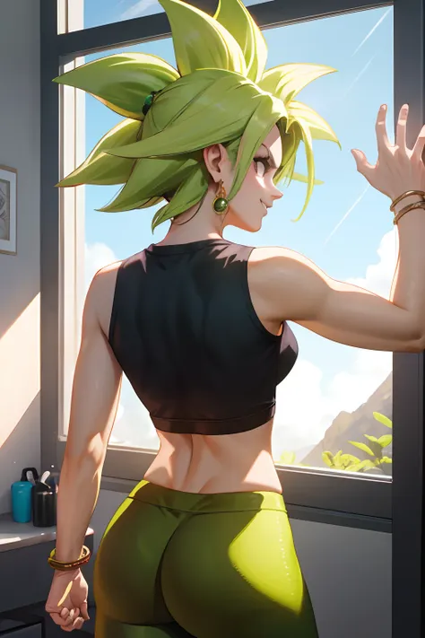 （melhor qualidade，tmasterpiece）， cabelos verdes， brincos verdes， Yoga pants for， yoga bom， pele apertada, smug， sorrir， Kefla， seios grandes, cintura fina, The light from the back window is backlighted，Espalhe as pernas，Atire de baixo