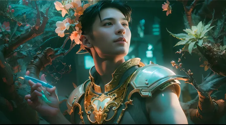 1boy, photo of very very handsome suave smiling young 25-year-old male Chinese prince, clothed in futuristic cybernetic armor, wearing a large futuristic crown, walking in an ethereal enchanted forest with neon glowing flowers and a rainbow in the sky, sci...