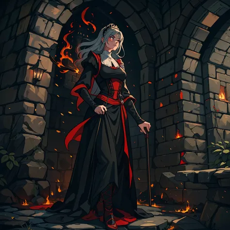 A sexy medieval maid woman wearing black clothes with red accents in a medieval and shadowy rocky castle he is in a shadowy castle the castle has dark colors black rocky walls and little light a castle with dark warm colors and fire in a medieval art rpg i...