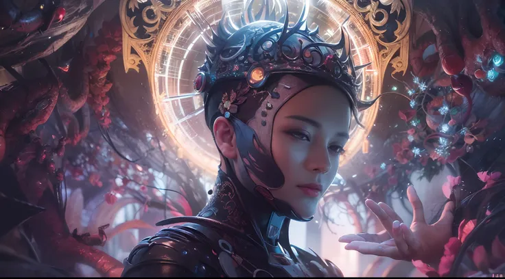 1boy, photo of very very handsome suave smiling young 25-year-old male Chinese prince, clothed in futuristic cybernetic armor, wearing a large futuristic crown, walking in an ethereal enchanted forest with neon glowing flowers and a rainbow in the sky, sci...