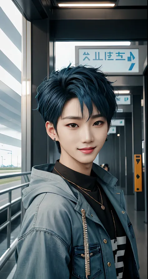 At the airport, ((There are a lot of people around)), Idol Photos, Photos of actors, Professional Photos, extra detailed face, detailed punk hair, very detailed character, inspired by Sim Sa-jeong, single realistic face, Cai Xukuns, detailed realistic face...