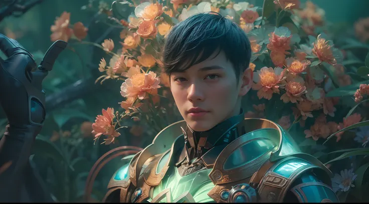 1boy, photo of very very handsome suave smiling young 25-year-old male Chinese prince, clothed in futuristic cybernetic armor, wearing a large futuristic crown, walking in an ethereal enchanted forest with neon glowing flowers and a rainbow in the sky, sci...