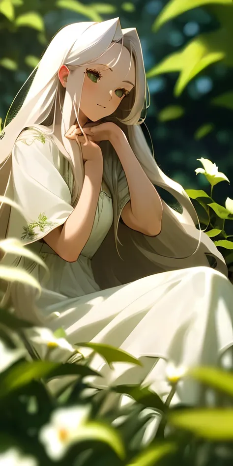 (masterpiece, best quality),1girl with long white hair sitting in a field of green plants and flowers, her hand under her chin, warm lighting, white dress, blurry foreground