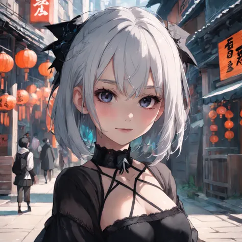 (8k, 4k, best quality, highres:1.1)(masterpiece),choker, best quality, expressive eyes, perfect face,layladef, full body, smile, outdoors, day, girl, white hair, bangs, short hair, mole under eye, fasihoned looking,goth makeu,black lipstick,psky, temple, l...